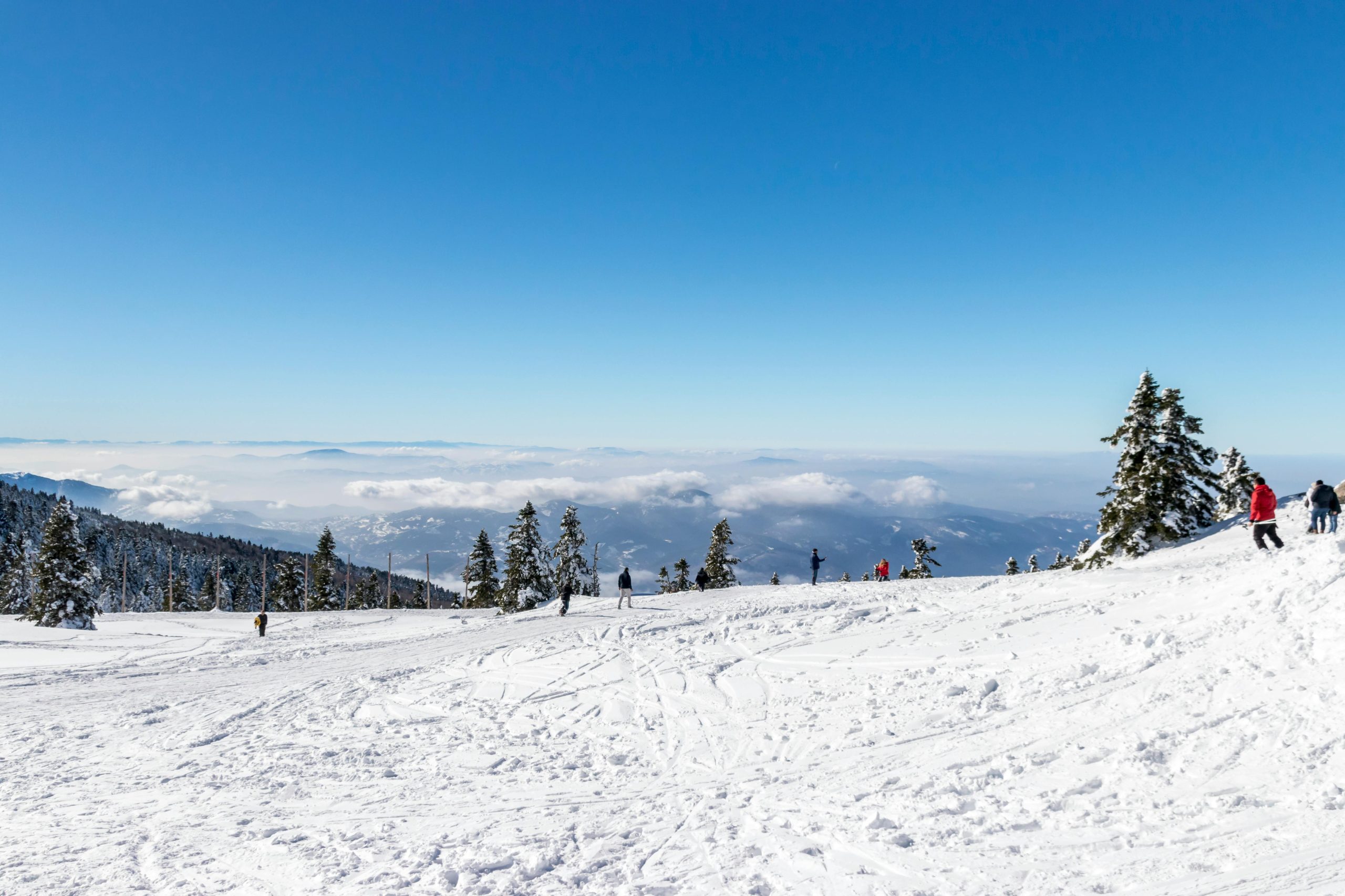 Skiers enjoying a sunny winter day on the slopes of Uludağ Mountain in Bursa, Türkiye.